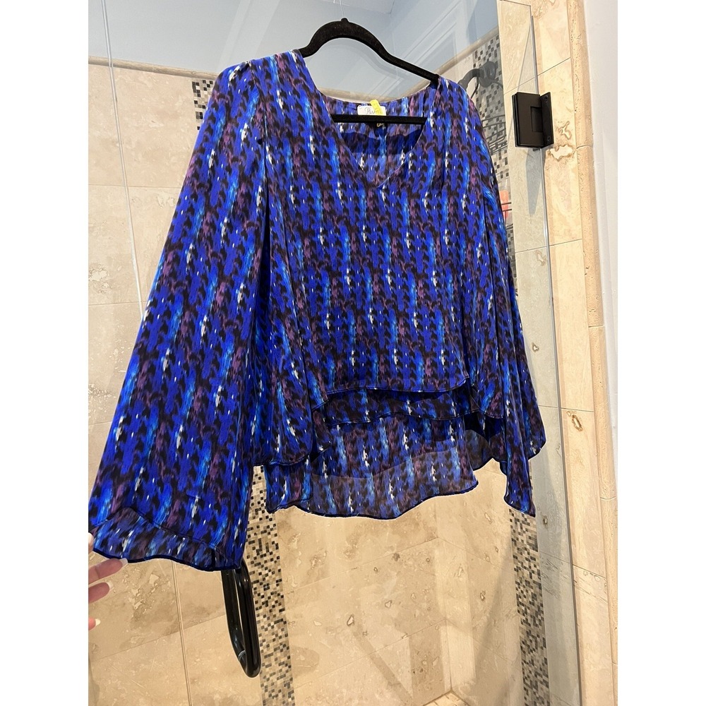 Parker Womens Silk Blouse Small S Watercolor Print V Neck Bell Sleeve Top Blue